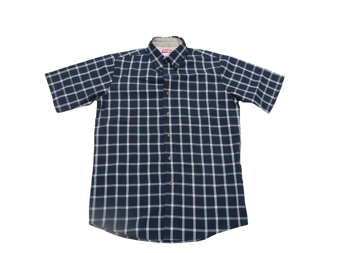 Vintage Wrangler, Wrinkle Resistant Dark Blue With White Checks, Short Sleeve Shirt-Small
