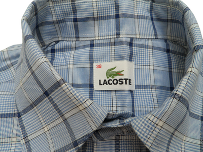 Vintage Lacoste Men's 100% Cotton Light Blue Plaid Button Down Long Sleeve Shirt - Medium (Size 38)