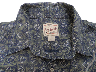 Vintage Woolrich Navy Blue With Green Tribal Print, Short Sleeve Shirt - X Large 100% Cotton