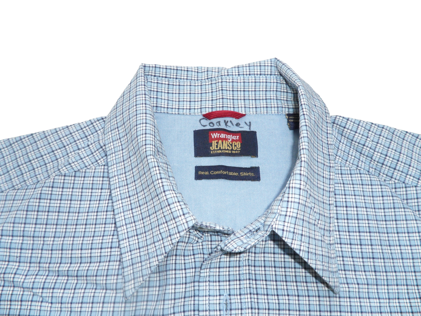 Vintage Wrangler Men's Short Sleeve 100% Cotton Checked Shirt Light Blue X - Large