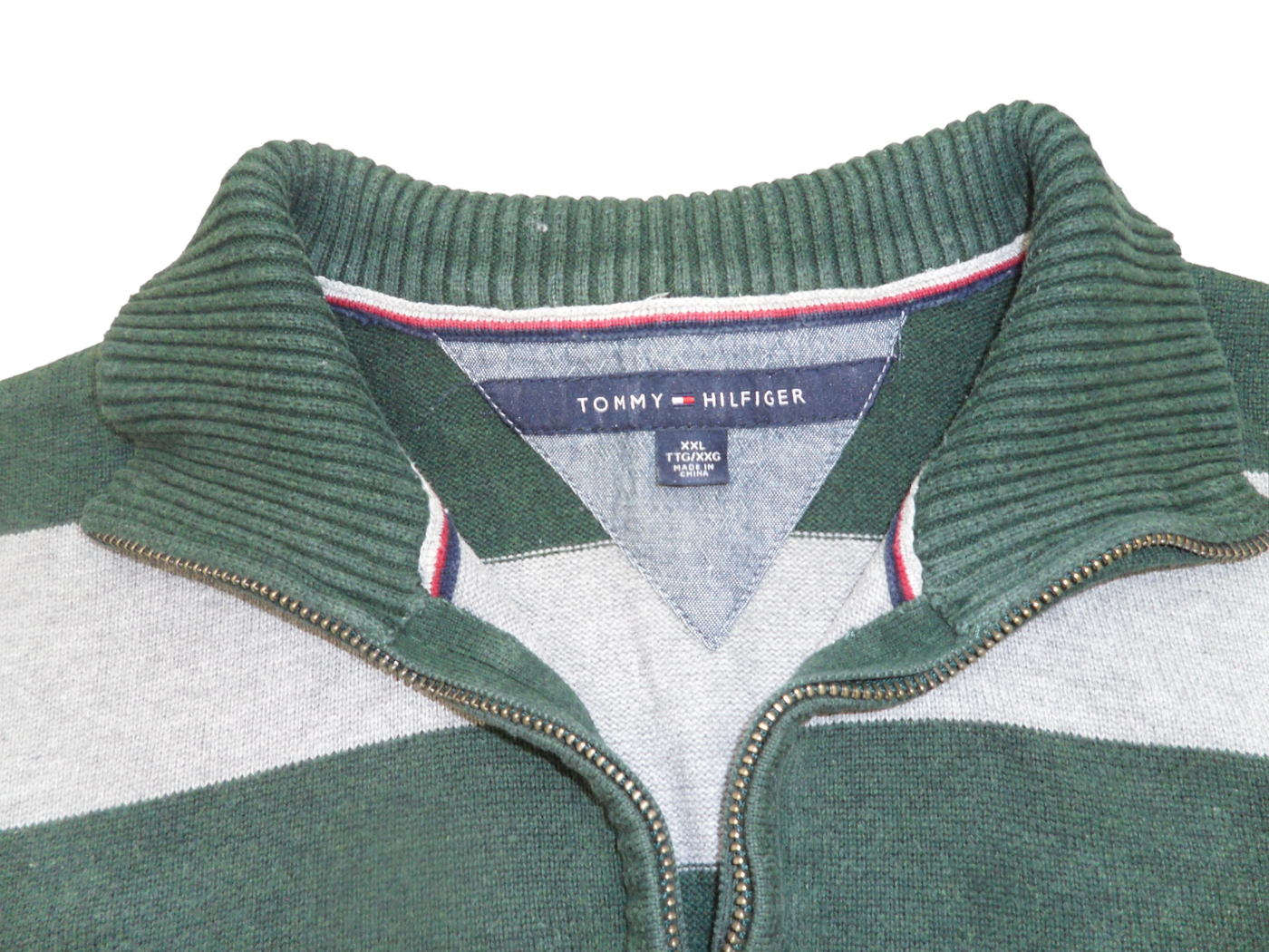 Vintage Tommy Hilfiger Green and Grey Broad Stripes Cotton Quarter Zip Pullover Size-XXL