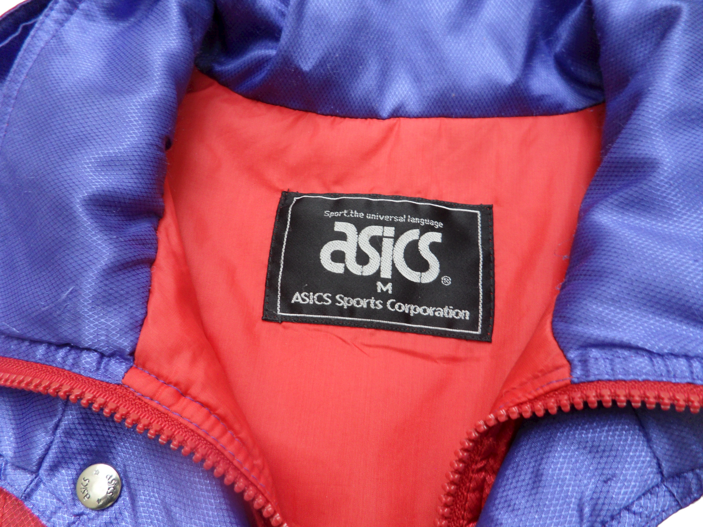 Vintage ASICS Red and Blue Polyester Shell Vintage Sports Jacket Size-M
