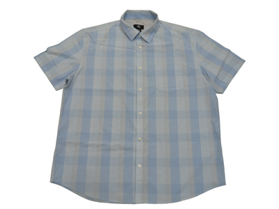 Vintage Men's Short Sleeve Madras Check Shirt Blue and White (Large)