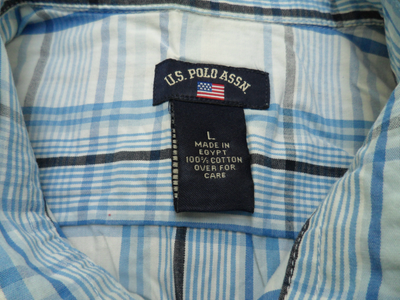 Vintage US POLO Assn Men's Short Sleeve Shirt Cotton White with Light Blue Checks